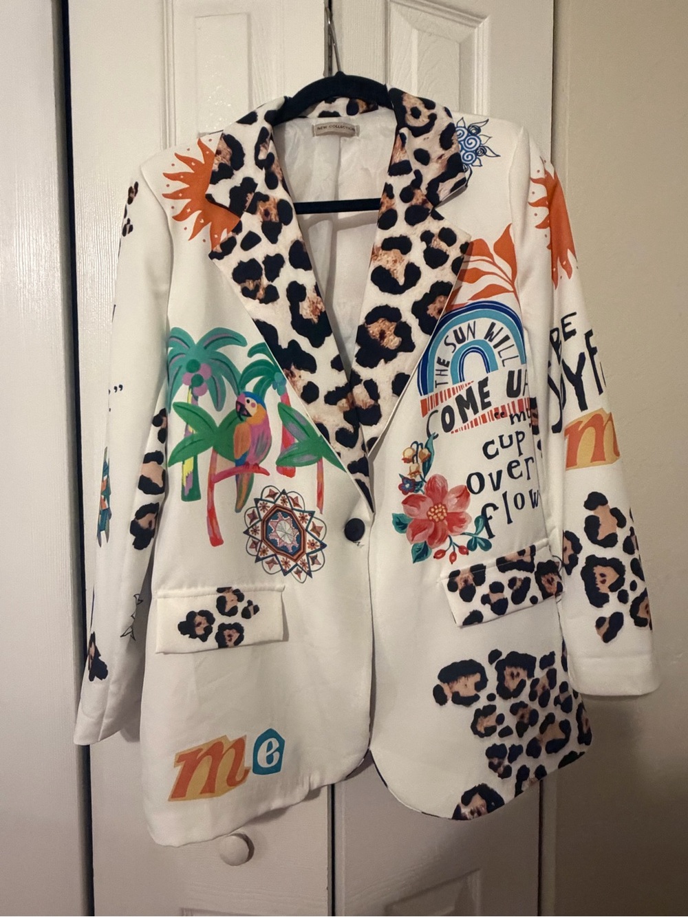 Women’s Printed Blazer Jacket in White with Multicolor Accents